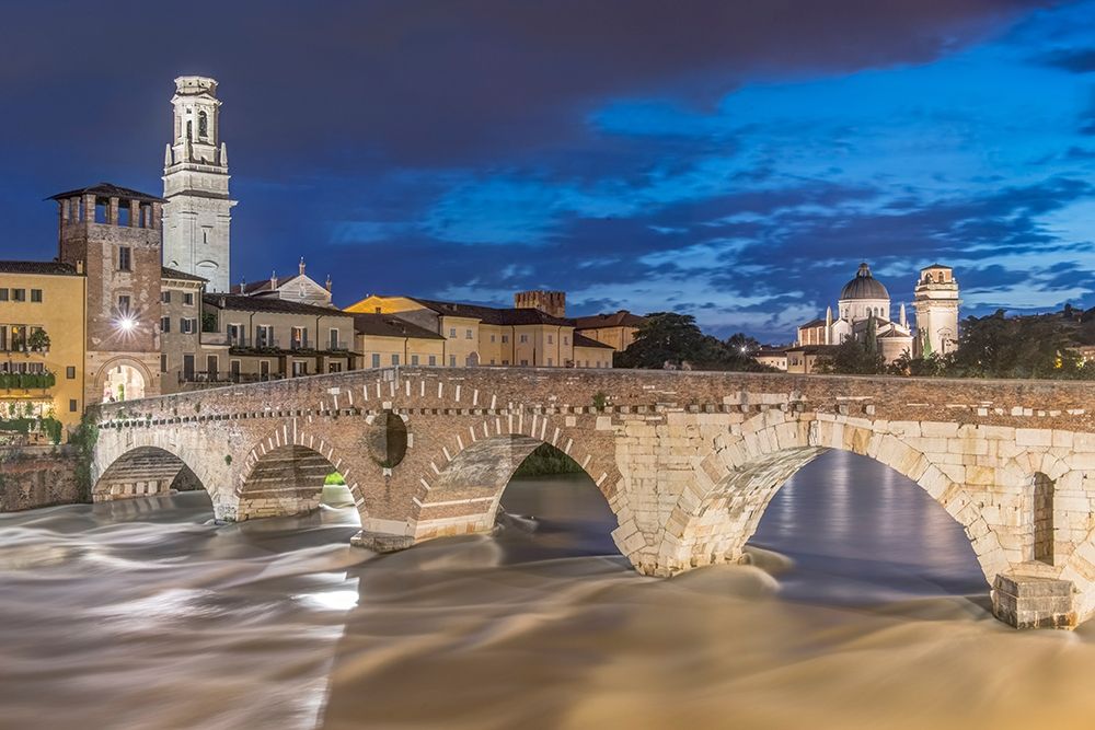 Italy-Verona Ponte Pietra (Roman Bridge) at Twilight art print by Rob Tilley for $57.95 CAD